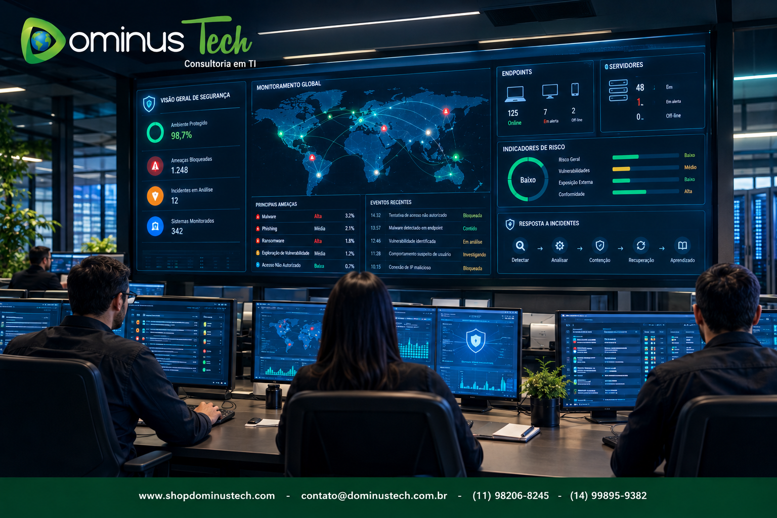 Equipe Dominus Tech monitorando segurança cibernética, servidores, endpoints, ameaças e resposta a incidentes em um centro de operações de segurança